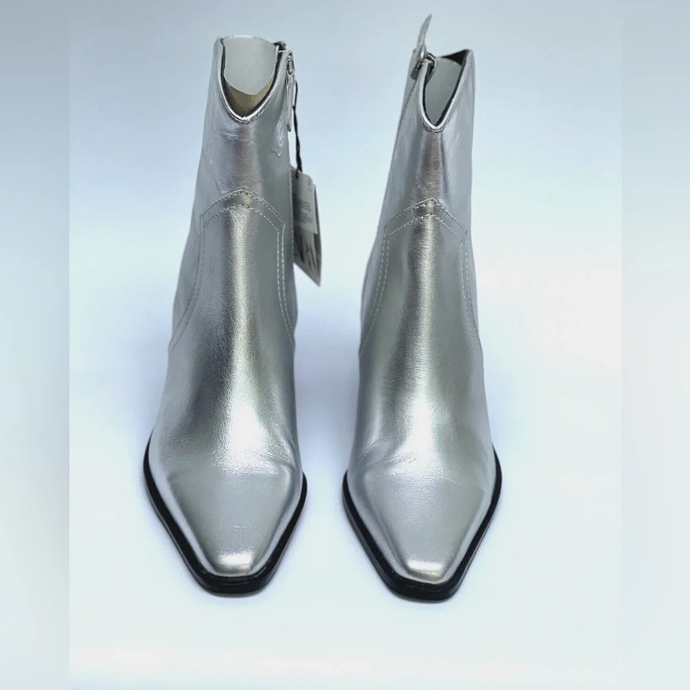 NWT. Zara Metallic Silver Cowboy-Style Leather Ankle Boots. Size 8, 9. - Picture 6 of 11